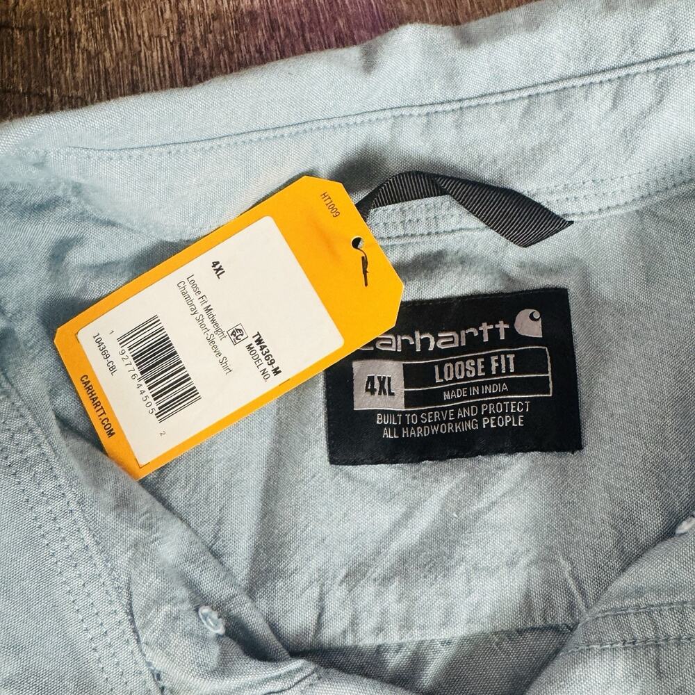NWT Carhartt Shirt Mens 4XL Blue Button Down Loose Fit Short Sleeve Chambray - Picture 3 of 6